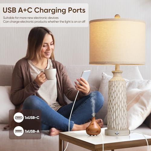 Qimh STR-DL-0028 Table Lamp For Living Room With Usb A+C Ports, Farmhouse Bedside Lamps For Bedroom Set Of 2, Touch Control 3-Way Dimmable, 26 Inch Modern Off-White Resin Nightstand Lamp thumb #2