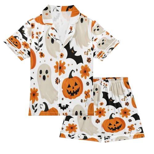Satin Pajama Sets Short Sleeve Halloween Themed Pattern Prints Button Down Silky Nightwear 2 Piece PJS 5-14Y