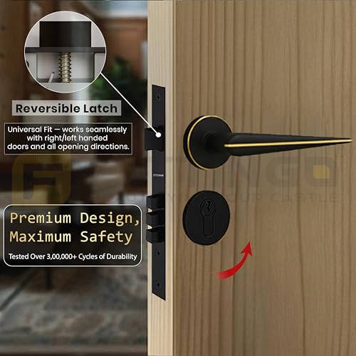 Image of Marsh Mortise Door Handle Lock Set /Premium Brass Door Handle with Lock /Heavy-Duty Main Door Handle with Key Lock for Home, Office & Hotel Doors - 3 Years Warranty (Black-Gold)
