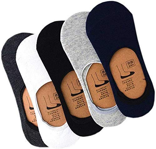 ikisUnisex Mercerised Anti-Slip Cotton Loafer Socks (Grey White Blue Black, Free Size) - Pack of 5