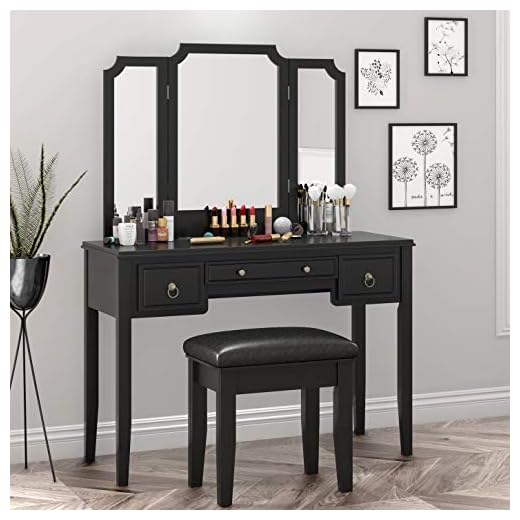 SHA CERLIN Makeup Vanity Table and Cushioned Stool Set, Bedroom Vanity Desk with Large Tri-fold Mirror for Women Girls, Dressing Table with 3 Storage Drawers, Black