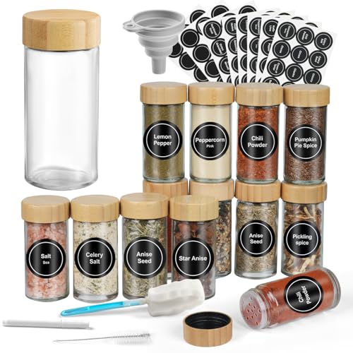 Moreau 100ml Botes Especias, 12 Pcs Botes Especias Cristal, Frascos Especiarias con Tapa de Madera de Rosca, Spice Jars conTamiz, Etiquetas, Embudo