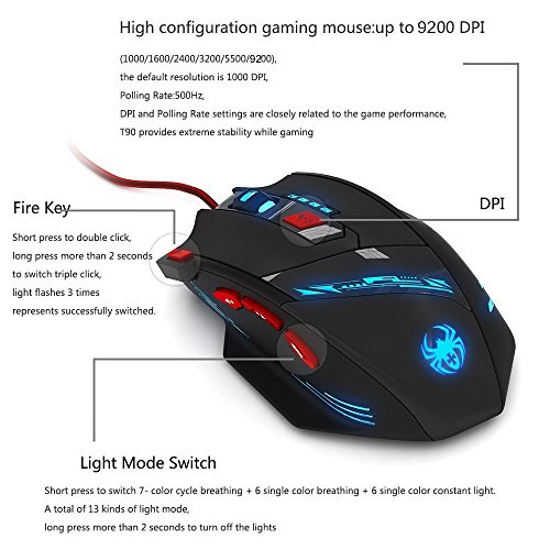 Zelotes Ratón Gaming,9200DPI,8 programables Botones,Ratón con Cable,USB Óptico Ratón Ergonómico Ordenador,Mouse Gaming para PC,Mac,Negro