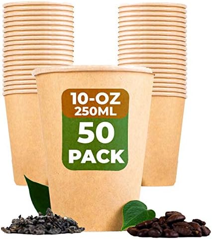 BEELEEVE [50-Pack / 8oz-200ml] Super Strong 100% Compostable Coffee and Tea Cups - Eco - Biodegradable - Disposable Rigid Containers for Office, Party & Wedding - Brown Kraft Paper, PLA Coating