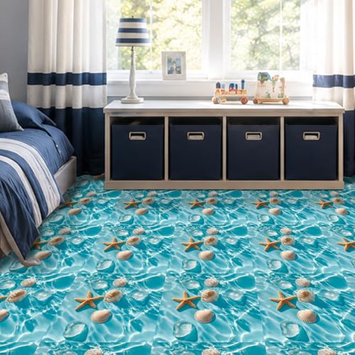 Image of Nuxovilar Peel and Stick Vinyl Floor Tiles, 12x12 Inch | Fresh Ocean Seashell Starfish Pattern, Self-Adhesive Flooring (10 Pcs)