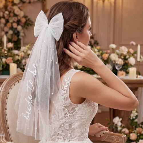 Pinza con moño y velo blanco para novia miniatura 2