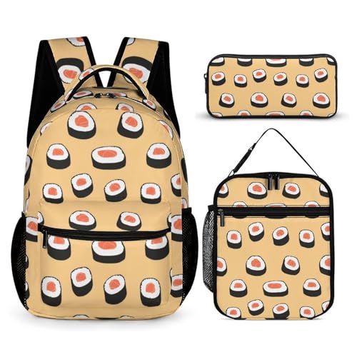Sushi Rolls Printed Backpack with Lunch Box Bag Pencil Case Pouch 3pcs Daypack Set for Women Men