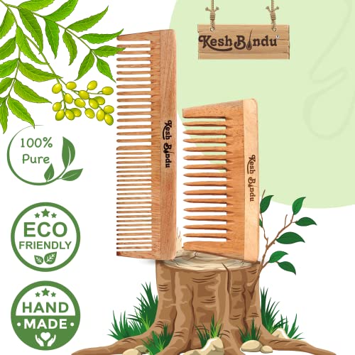 Image of Handmade Kacchi Neem Wooden Comb For Men & Women Detangling, Frizz Control & Shine, Suited For All Hair Diffrent Type of Kangi Combo Pack 2pis (Wide Tooth + Dual Tooth)