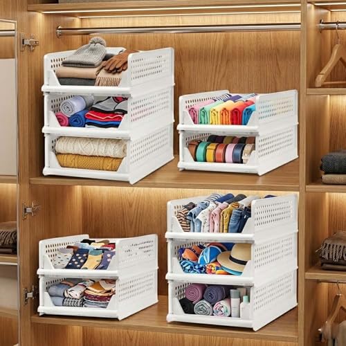 Image of Go Hooked Foldable Wardrobe Organizer with Drawer Style Pull Out Design | Pack of 10 Small (44x34x14.5 cm) Shelf Storage Box | Heavy Duty Plastic Shirt Stacker for Cupboard, Almirah & Closet | White