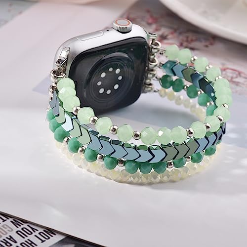 Image of MOFREE Beaded Bracelet Compatible with Apple Watch Band 38mm /40mm /41mm /42mm, Fashion Elastic Stretch Women Bands for iWatch Series 11 /10 /9 /8 /7 /SE /6 /5 /4 /3 /2 /1 iPhone Watch Strap Bands Green
