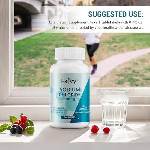 Image of Heivy Salt Tablets 1000mg, 365 Tablets Pure Sodium Chloride Pills | Salt Pills, Non-GMO - Electrolyte Balance and Hydration Support, Electrolytes Replenisher Hydration Drink
