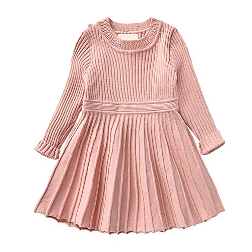 Toddler Baby Girls Knitted Christmas Sweater Dress Solid Pleated Long Sleeve Casual Ribbed Knit Ruffle Tops Birthday Outfits Winter Pullover Tutu Dress Crochet Outerwear Playwear Pink 12-18 Months