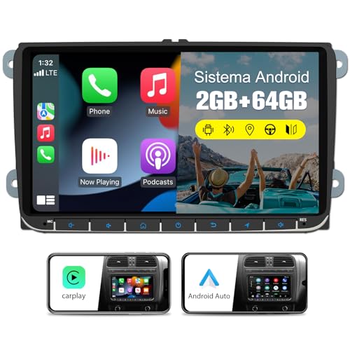 Hexinex【2+64G】Radio de Coche Android con Pantalla Táctil para VW, Autoradio de 9'' con CarPlay/Android Auto/Mirror Link,Compatible con WiFi/GPS/Bluetooth/RDS/USB/FM/Mandos del Volante y Cámara Trasera