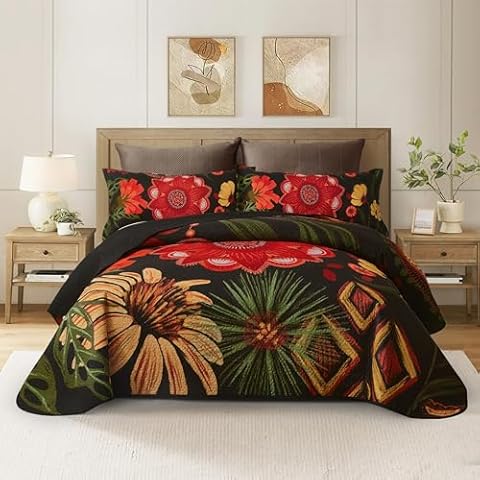 Tyrot 3 Piece Black Boho Floral King Size Quilt Sets Farmhouse Botanical Reversible Lightweight Bedspread Coverlet with 2 Shams Mid Century Microfiber Bedding Quilts Set for All Season, 106''x96'' Cover
