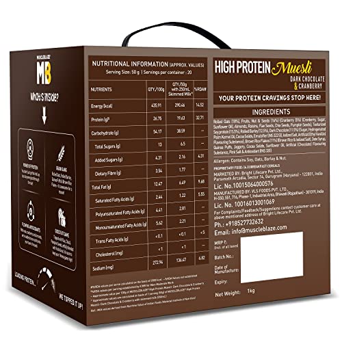 Image of MuscleBlaze High Protein Muesli 1.4 kg, Dark Chocolate & Cranberry, 18 g Protein, with Superseeds, Raisins & Almond, Protein Breakfast Cereals (Combo Pack)