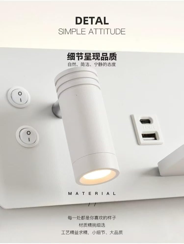 DESEM Wall Mounted Reading Light Wireless Charging Hardwire or Plug in Installation Multifunctional Wall Sconce USB Port Bedside Wall Light Adjustable 3W Spotlight Head + 10W Backlight(Right)