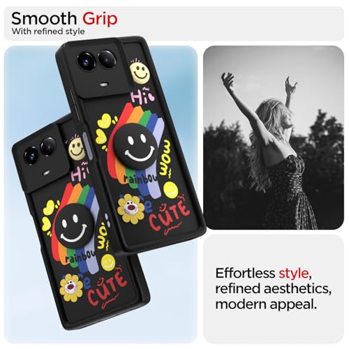 Image of Pikkme Back Cover for Realme 11 / 11X 5G / Narzo 60X 5G | Soft Silicone| Cute Rainbow Smile & 3D Cartoon Flower Design | Shockproof Raised Camera Protection Bumper Case (Black)