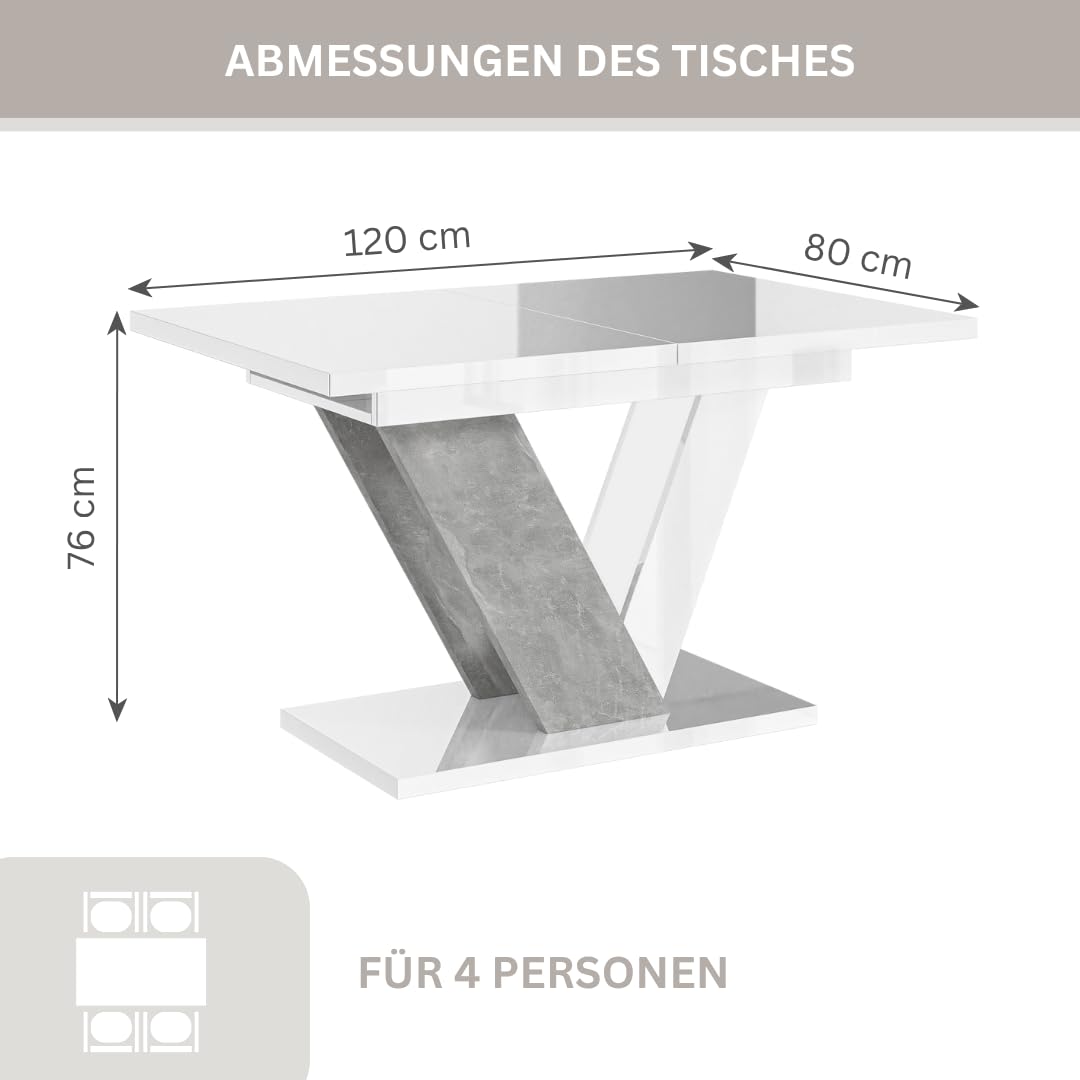 Dubai Eleganter Ausziehtisch 120-160x80 cm Großer Esstisch Loft Stil Weiß Hochglanz Betonoptik