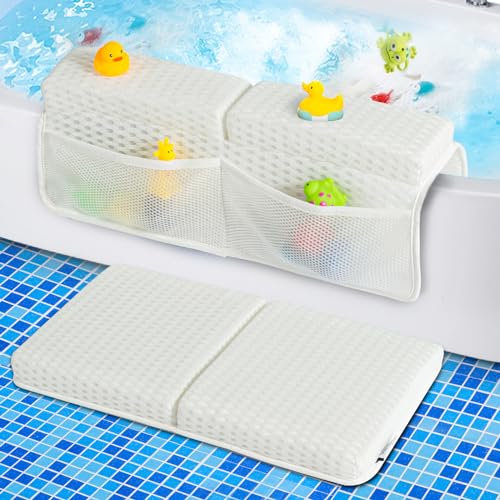 Image of OS OMYSTYLE Baby Bath Kneeler and Elbow Rest Pad Set, 1.5'' Thick Quickly Dry Bathtub Kneeler Pad with Baby Toys & Bath Accessories Organizer, Kneeling and Elbow for Tub, Non-Slip Mat(White)