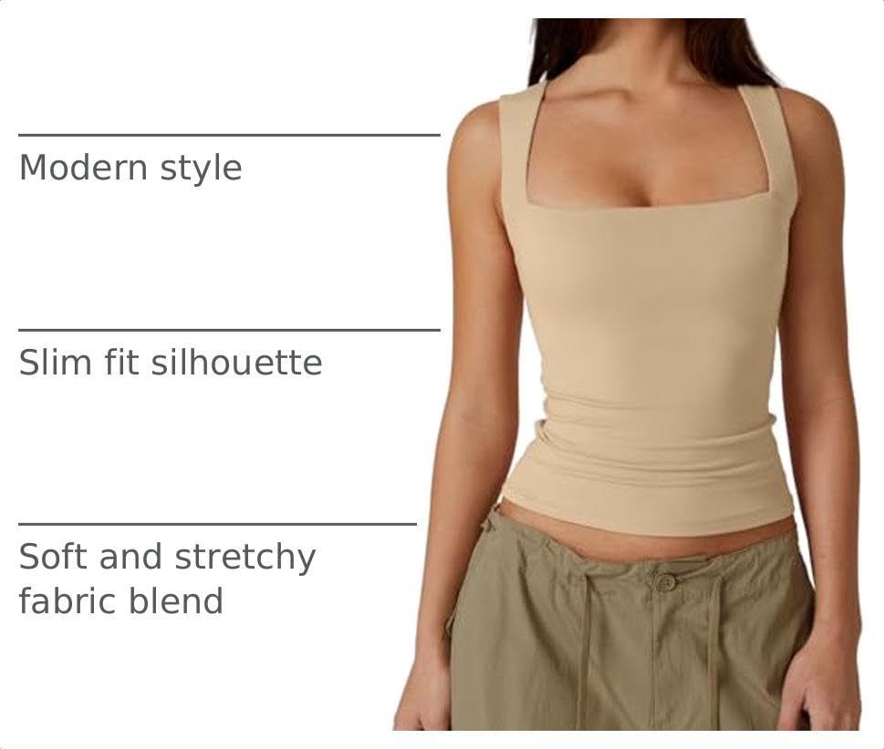 Image of QINSEN Women's Square Neck Sleeveless Double-Layer Tank Tops Basic Tight T Shirts