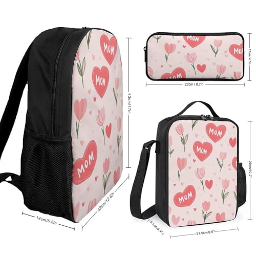Mom Love Hearts Tulips Flowers Classic Backpack Lunch Bag Pencil Case 3 Piece Set Travel Daypack2
