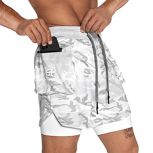 Born Tough 2 In 1 Gym Workout Shorts, 5” Inseam Athletic Bodybuilding Shorts For Men, Cargo Running Shorts With Liner Pocket (As1, Alpha, L, Regular, Regular, White Camo) #TOP10