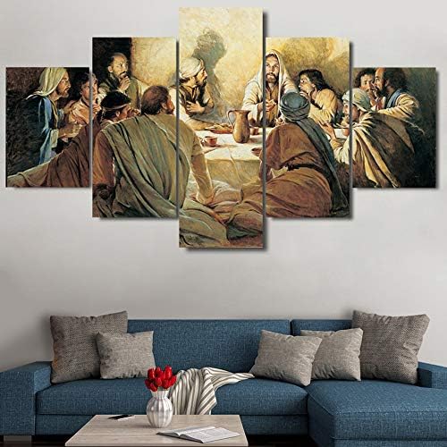 PEACOCK JEWELS Premium Quality Canvas Printed Wall Art Poster 5 Pieces / 5 Panels Wall Decor Last Supper Painting, Home Decor Pictures - Stretched