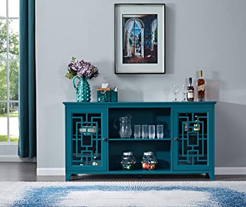LSKTGA Sideboard Buffet Table with 2 Doors, Storage Cabinet with Adjustable Shelves Sideboard with Glass Door and Adjustable Shelves, Console Table for Dining Living Room Cupboard Teal Blue