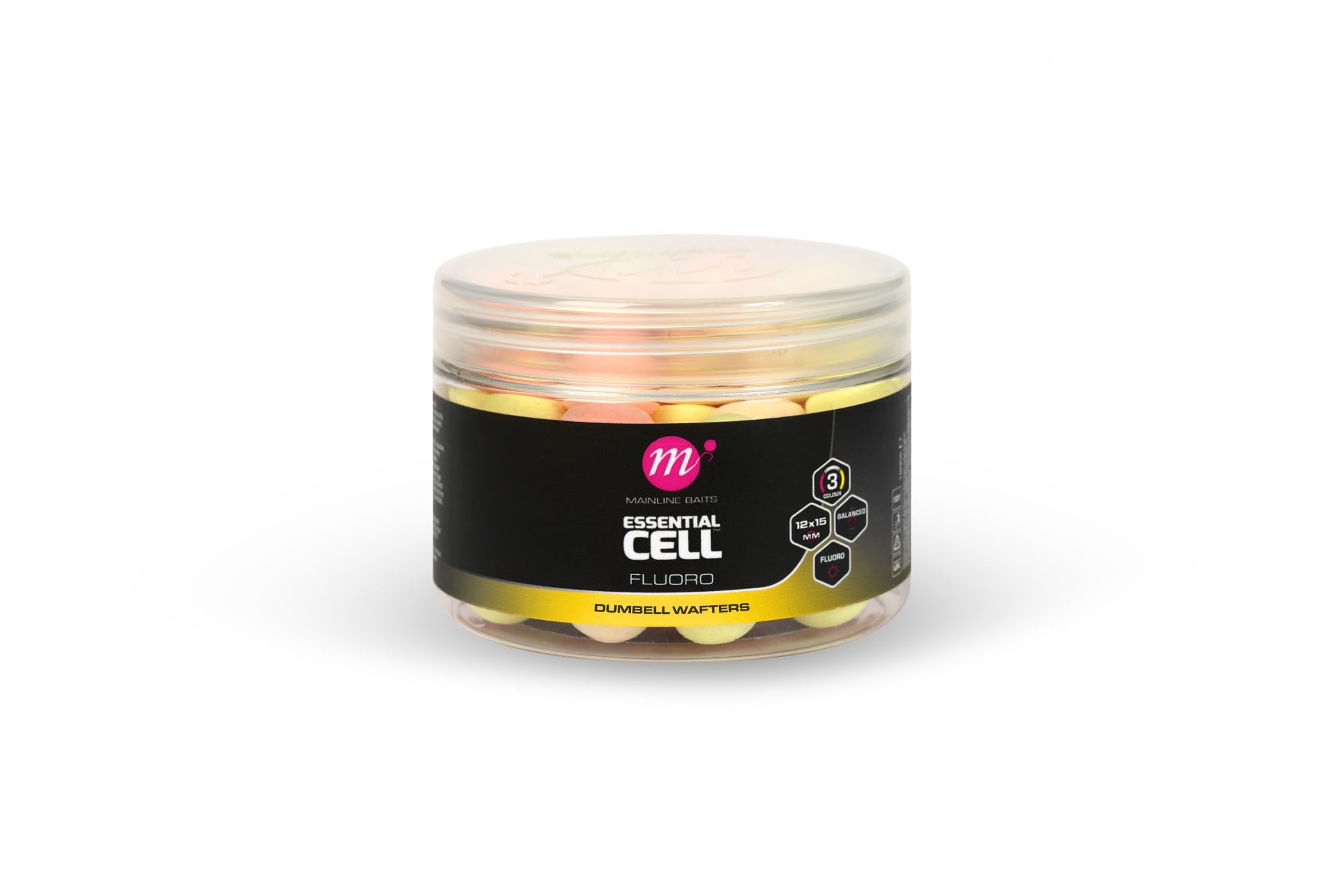 Mainline Baits Essential Cell Fluoro Dumbell Wafters | 12x 15mm | Carp Fishing Hookbaits for a Critically-Balanced Presentations | Pink Yellow and White Mix | Ideal for Spinner, German and PVA Rigs