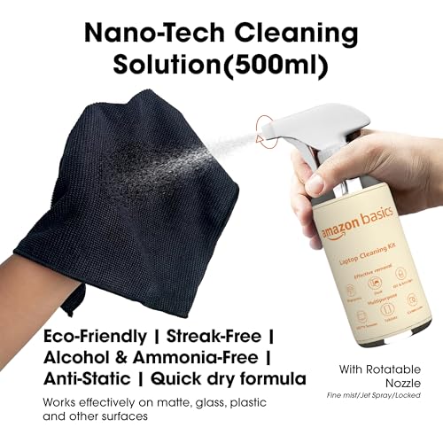 Image of Amazon Basics 5-in-1 Professional Cleaning Kit for AirPods, Keyboard, Lens, Binocular, Laptop, TV, Monitor, Smartphone, Tablet | Includes Microfibre Cloth & 500 ml Cleaning Liquid