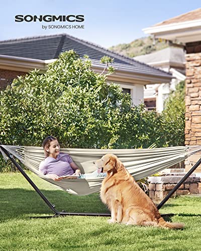 SONGMICS Hängematte mit Gestell, 210 x 150 cm, auf 5 Verschiedene Höhen verstellbar, Gestell aus Metall, bis 240 kg belastbar, für Garten, schwarzes Gestell und beige Hängematte GHS001M01 2