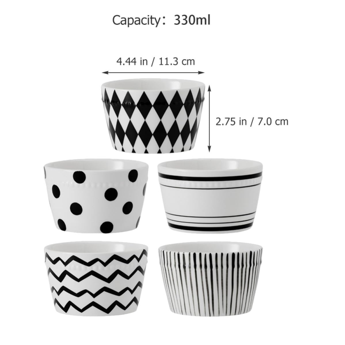 Set di 5 Ciotole da Riso in Ceramica 330ml per Casa | Fondo Antiscivolo, Resistenza alla Rottura, Stile Bianco e Nero, Confezione in Scatola