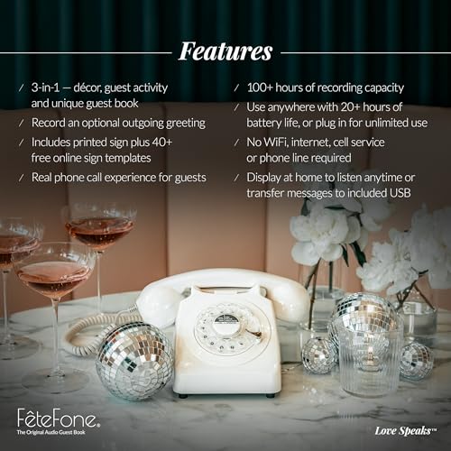 FeteFone The Mod Vintage Audio Guest Book Phone, Unique Voicemail Message Recorder Guestbook Alternative for Wedding, Bridal Shower, Birthday Party, Baby Shower, Anniversary, Engagement, White