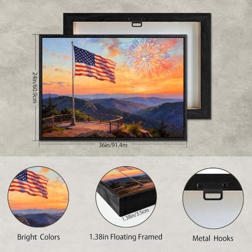 Image of American Flag Framed Canvas Wall Art, 4th of July Fireworks Canvas Prints, USA Flag with Ocean Sunset Landscape Patriotic Decorations, Independence Day Wall Decor for Bedroom Living Room 24x36