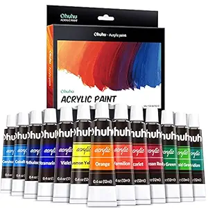 Ohuhu Acrylic Paint Tubes, 24 Colours with 6 Brushes 12ml Art Canvas Crafts Acrylic Colours Paints tubes set Perfect for Wood Rock Painting for Beginners Students Adults Great Gift Idea, 24 colour