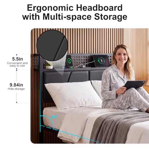 Twin Bed Frames with 2 Drawers, Platform Bed with LED Lights & Charging Station, Upholstered Headboard with Storage Shelve, Noise Free, Metal Slats Support, No Box Spring Needed - Image 3