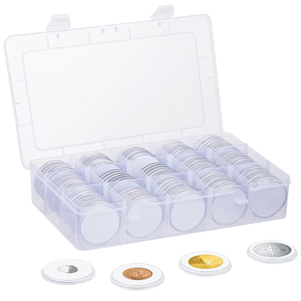 100 cápsulas transparentes para monedas con sellos ajustables y caja de plástico, cajas de acrílico para plata 0,66/0,78/0,98/1,06/1,18/1,5/1,81 ''