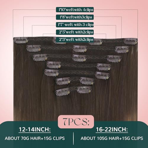 Image of Easyouth Clip in Hair Extensions Human Hair Brown Balayage Clip in Human Hair Extensions Dark Brown Fading to Chestnut Brown and Ash Blonde Hair Extension Clips ins 20 In 7Pcs 120G