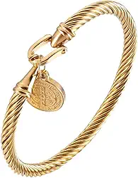 Pulseira Feminina 'Única' São Bento em Aço Inoxidável 316L Banhada a Ouro 18k, Medalha Religiosa de Proteção, 21cm