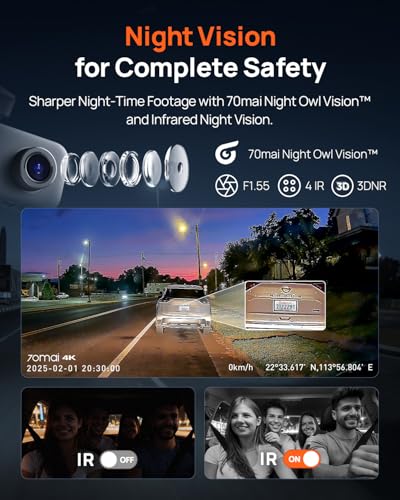 Image of 70mai 4K Dash Cam Front and Interior, 4K HDR Dash Camera with F1.55 Aperture, Wi-Fi 6, 24H Parking Surveillance, GPS, Loop Recording, 64GB Card Included, UHD Dashcam for Cars /Taxi /Uber /Lyft
