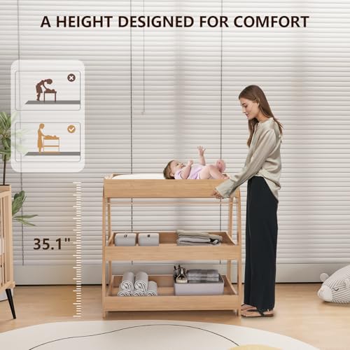Image of Baby Changing Table, Wood Diaper Changing Table with 2-Tier Storage Shelves, Wooden Baby Changing Station for Nursery, Modern Changing Table Dresser