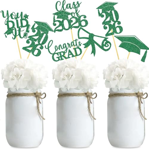 Image of Graduation Centerpiece Sticks 24PCS Glitter Grad Picks Party Table Decor Senior High School College Sign Green