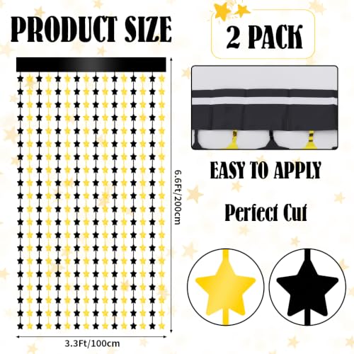 Image of TONIFUL Black Gold Star Foil Fringe Curtains 2 Packs 3.3 x 6.6 ft Metallic Tinsel Streamers Backdrop with Star Cutouts for Baby Shower Graduation New Year Birthday Party Decorations