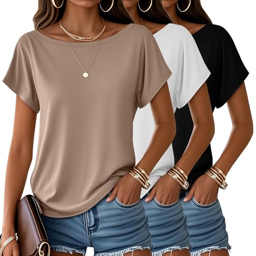 Huukeay 3 Pack Boat Neck Off The Shoulder Tops for Women, Short Sleeve Loose Shirts Causal Oversized Tunic Basic Tees(Khaki, White, Black,X-Large)