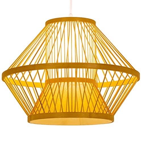 Candelabros de bambú natural con madera de bambú, jaula de pájaros de mimbre, lámpara colgante geométrica rústica, accesorio de iluminación colgante, decoraciones de Pascua trenzadas para comedor,