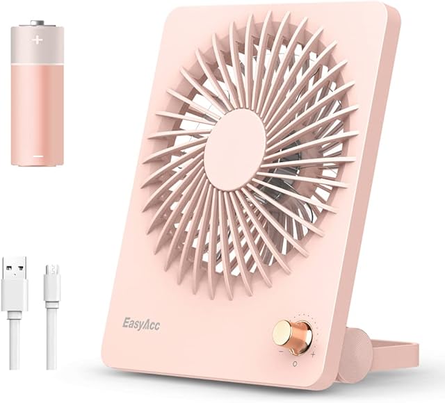 EasyAcc Desk Fan Silent Fan 3350 Capacity 17H Rechargeable Battery Fan Cooling Fan Portable Mini USB Fan 160° Adjustable Rotation Quiet Table Fan for Camping Office Bedside Outdoor-Pink