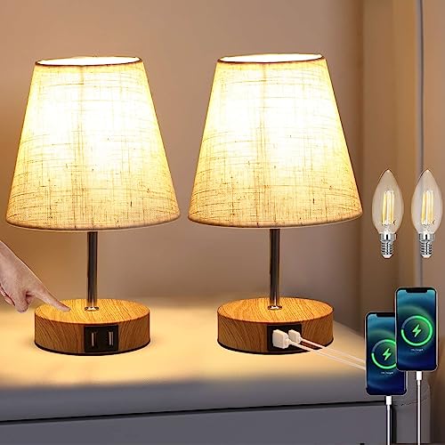 Lightess 2 Pezzi Lampada da Comodino Touch Dimmerabile, Lampada da Tavolo con Porte di Ricarica USB C, E14 Paralume in Tessuto Beige, Abat Jour da Comodino per Camera da Letto, Inclusa Lampadina