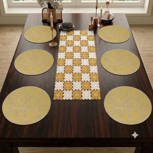 Image of Dakshya Industries Dining Table Mats Round PVC Set | 6 Waterproof Placemats (38 x 38 cm) + 1 Table Runner (91 x 33 cm) | Heat Resistant, Kitchen Decor (Estique)