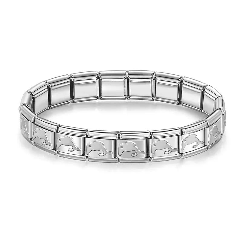 Pulsera de plata de 9 mm con diseño de delfín de plata italiana de 9 mm, dije de acero inoxidable compatible con Nomination