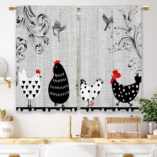 Laifzere Farmhouse Rooster Kitchen Curtains Country Retro Animal Leaves Small Short Cafe Window Curtains Bird Farm Rod Pocket Bathroom Window Drapes Treatment Tier Curtains 2 Panels (27.5x39 Inch)